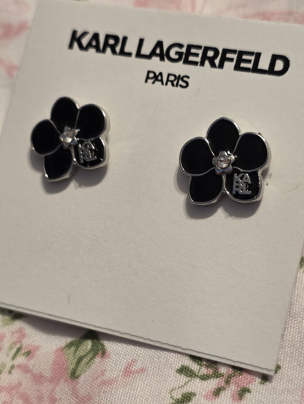 Karl Lagerfield Faux Black Flower Onyx Stud, Silver Earrings - Picture 3 of 5
